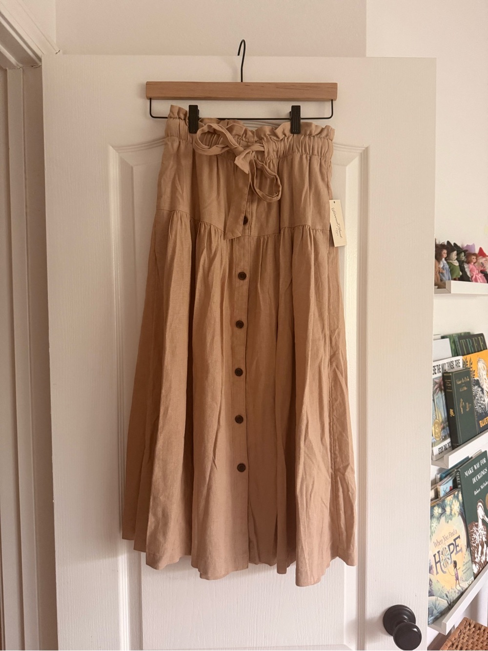 Casual Tan Button-Front Midi Skirt with Tie Waist